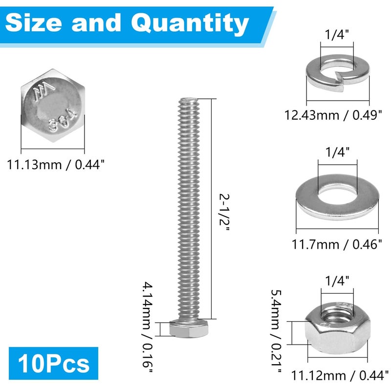 Yinpecly 10 Sets 1/4-20 x 2-1/2" Hex Head Screw Bolt, Nuts, Flat & Lock Washers, Stainless Steel 304, Machine Fully Thread Hex Bolts, Bright Finish Hexagon Bolt, Nuts and Bolts Assortment Kit - Image 2
